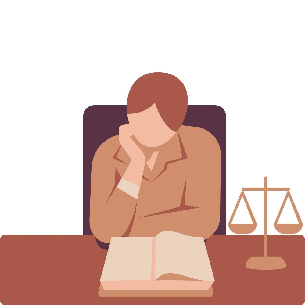 Illustration of a person reading a law book at a desk beside the scales of justice