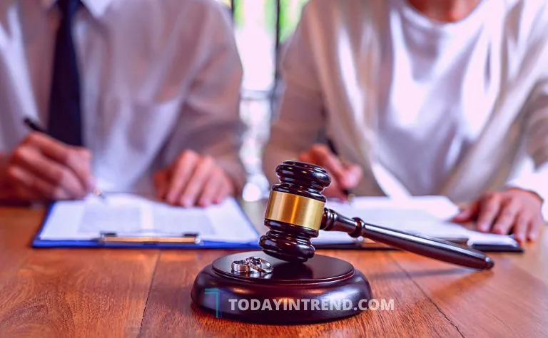 Gavel and divorce papers on a courtroom desk