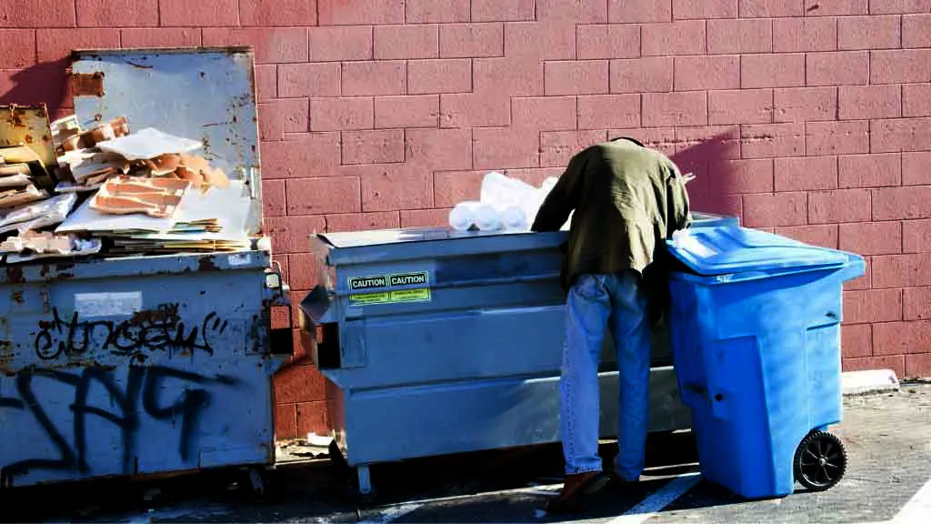 Person leaning into a commercial dumpster beside a blue recycling cart against a brick wall